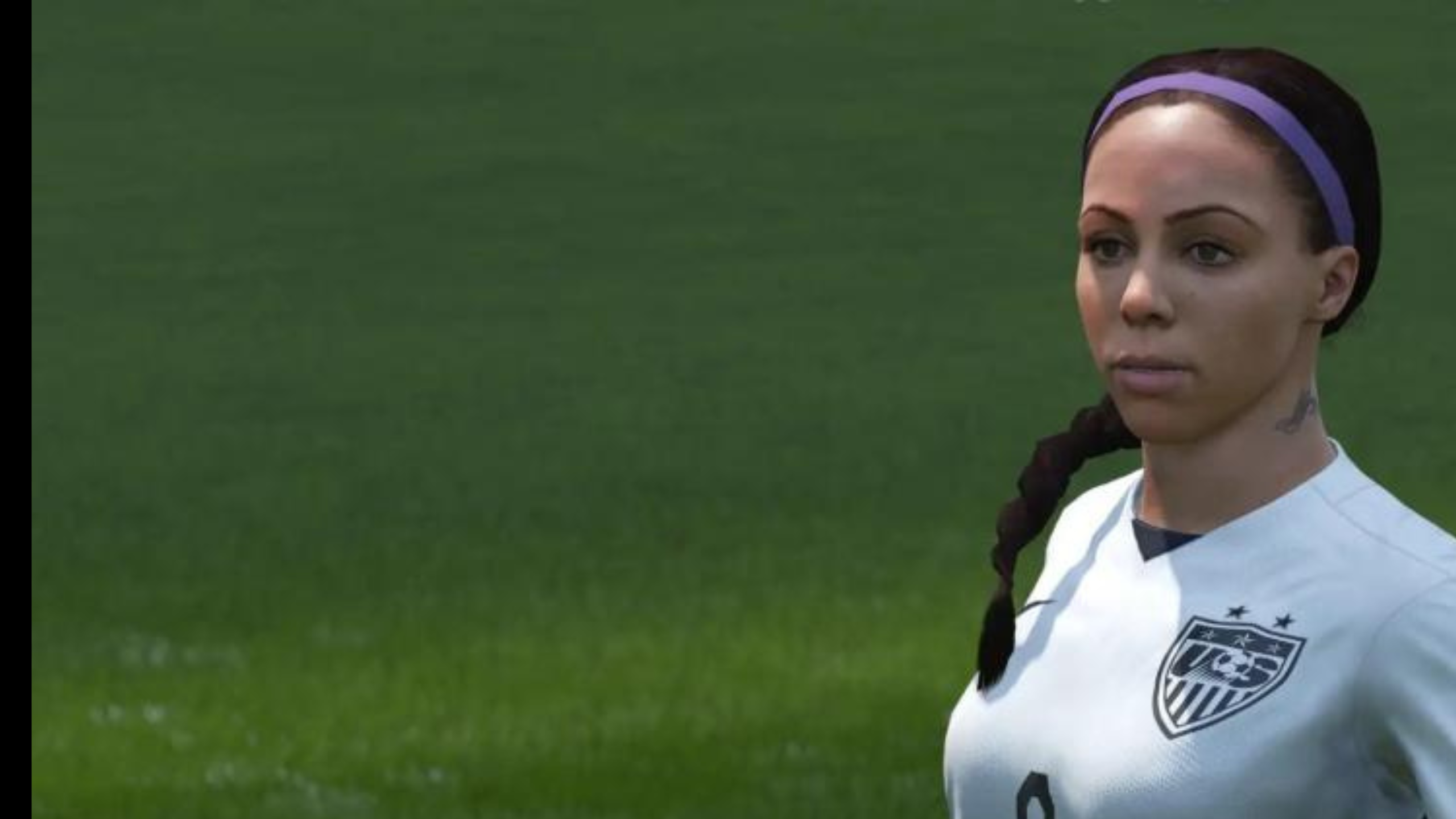 The profile of the athlete Sydney Leroux's avatar in FIFA is observed. She has a dark complexion and big brown eyes. Her brown hair of hers is tied up in a side braid. She wears a purple headband and a white undershirt, with big breasts. She has a tattoo on the right side of her neck.
