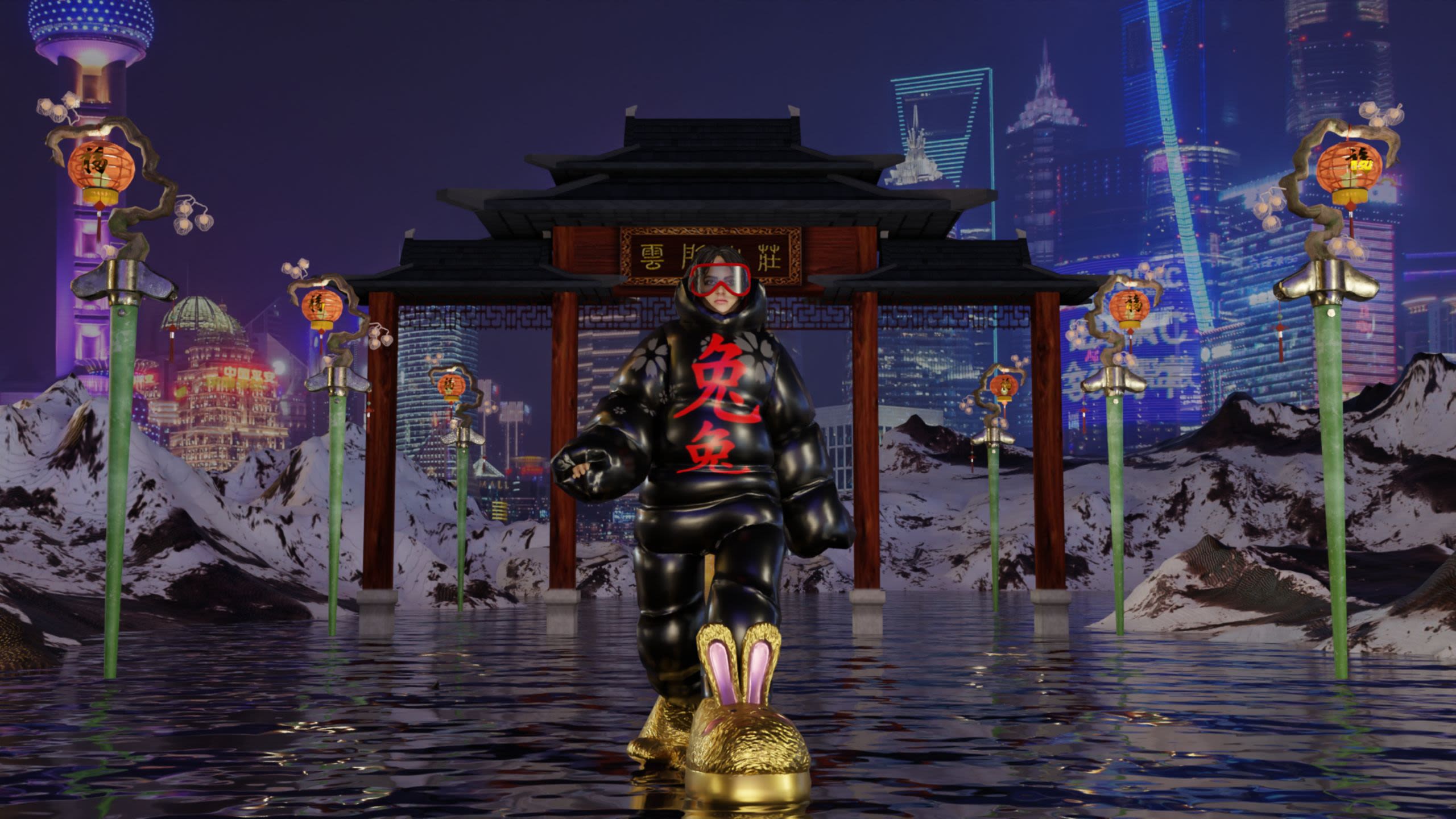 In the center of the image is an avatar of a girl with black hair. She wears big red glasses and a long black coat with red Chinese letters. On her feet, she wears large golden rabbit-shaped slippers. In the background is the entrance to a red Chinese temple decorated with red lanterns.